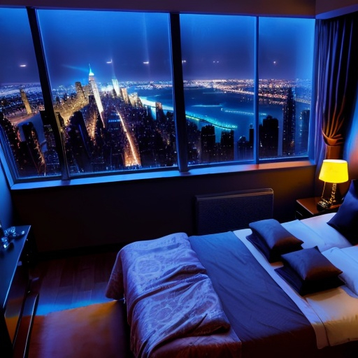 Prompt: a luxury bedroom , neon ,windows with a view of New York at night