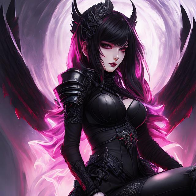 Prompt: girl , hell, demon, 20 years old, 
light armor with big cleavage ,long red hair with black highlights, black conjunctiva with red iris, goth clothe , elbow on knees hands together, seatting on a the hell throne, parted bangs, ethereal, royal vibe, highly detailed, digital painting, Trending on artstation, Big Eyes, artgerm, highest quality stylized character concept masterpiece, award winning digital 3d oil painting art, hyper-realistic, intricate, 64k, UHD, HDR, image of a gorgeous, beautiful, dirty, highly detailed face, hyper-realistic facial features, perfect anatomy in perfect composition of professional, long shot, sharp focus photography, cinematic 3d volumetric
