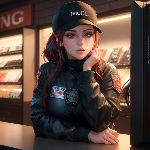 Prompt: Young woman, ponytail black with 
red highlights mossy goldy eyes, a baseball cap placed carelessly on her head. She has her head resting on one hand. She has black makeup, with black kohl. She is behind the counter of a geek store. She seems to be deeply bored, her hand holds her head. Dark atmosphere, old shop. She has a badge with her name, "Lucy". Flawless text. 4D. 300k, 50mm, f/1.4, sharp focus, reflections, high-quality background , UHD, sharp focus, reflections, high-quality background
illustration by Marc Simonetti Carne Griffiths, Conrad Roset, 3D anime girl, Full HD render + immense detail + dramatic lighting + well lit + fine | ultra - detailed realism, full body art, lighting, high - quality, engraved, ((photorealistic)), ((hyperrealistic)), ((perfect eyes)), ((perfect skin)), ((perfect hair)), ((perfect shadow)), ((perfect light))