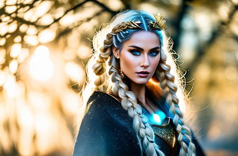 Prompt: a norse shamanic woman with long blonde braided hair light norse leather clothing with little fur shamanic painting face Fashion photography, Pulitzer Prize-winning photography, Bokeh, Volumetric Lighting, Golden Hour, Soft natural lighting, and Film gain.portrait heavenly beauty, 128k, 50mm, f/1. 4, high detail, sharp focus, perfect anatomy, highly detailed, detailed and high quality background, oil painting, digital painting, Trending on artstation, UHD, 128K, quality, Big Eyes, artgerm, highest quality stylized character concept masterpiece, award winning digital 3d, hyper-realistic, intricate, 128K, UHD, HDR, image of a gorgeous, beautiful, dirty, highly detailed face, hyper-realistic facial features, cinematic 3D volumetric, illustration by Marc Simonetti, Carne Griffiths, Conrad Roset, 3D anime girl, Full HD render + immense detail + dramatic lighting + well lit + fine | ultra - detailed realism, full body art, lighting, high - quality, engraved, ((photorealistic)), ((hyperrealistic)), ((perfect eyes)), ((perfect skin)), ((perfect hair))