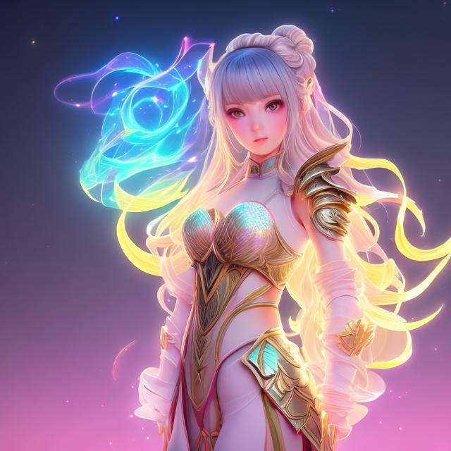 Prompt: women , light armor with big cleavage , lemon ponytail hair , gold  eye  , holographic outfit
, kitsune holographic tail

full color fractal Formula: z² + c + (z² + c) / (3z³ + c) background in voronoi sky and phoenix,  1little woman,(masterpiece, illustration, best quality:1.5), insanely beautiful black ice SKADI little woman, ice blue body painting, global illumination, finely detailed, beautiful defined detailed face, beautiful detailed eyes, beautiful detailed shading, highly Detailed body, finely detailed, (3_ice_crystal_halos), tilted halos, full body, body lightly covered with frost, frosty wild hair, ice elements, ice particles, snowy and icy atmosphere, , full body focus, beautifully detailed background, cinematic, 64K, UHD, by Li Yue

Illustration by Makoto shinkai.

heavenly beauty, 128k, 50mm, f/1. 4, high detail, sharp focus, perfect anatomy, highly detailed, detailed and high quality background, oil painting, digital painting, Trending on artstation, UHD, 128K, quality, Big Eyes, artgerm, highest quality stylized character concept masterpiece, award winning digital 3d, hyper-realistic, intricate, 128K, UHD, HDR, image of a gorgeous, beautiful, dirty, highly detailed face, hyper-realistic facial features, cinematic 3D volumetric,  3D anime girl, Full HD render + immense detail + dramatic lighting + well lit + fine | ultra - detailed realism, full body art, lighting, high - quality, engraved, ((photorealistic)), ((hyperrealistic))
