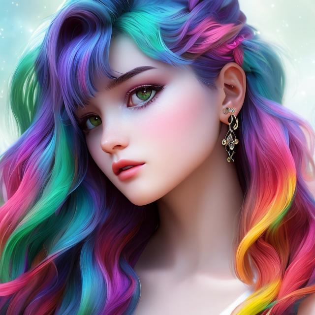 Prompt: A girl , 20 years old with rainbow  hair , human  , full body

heavenly beauty, 128k, 50mm, f/1. 4, high detail, sharp focus, perfect anatomy, highly detailed, detailed and high quality background, oil painting, digital painting, Trending on artstation, UHD, 128K, quality, Big Eyes, artgerm, highest quality stylized character concept masterpiece, award winning digital 3d, hyper-realistic, intricate, 128K, UHD, HDR, image of a gorgeous, beautiful, dirty, highly detailed face, hyper-realistic facial features, cinematic 3D volumetric, illustration by Marc Simonetti, Carne Griffiths, Conrad Roset, 3D anime girl, Full HD render + immense detail + dramatic lighting + well lit + fine | ultra - detailed realism, full body art, lighting, high - quality, engraved, ((photorealistic)), ((hyperrealistic)), ((perfect eyes)), ((perfect skin)), ((perfect hair))