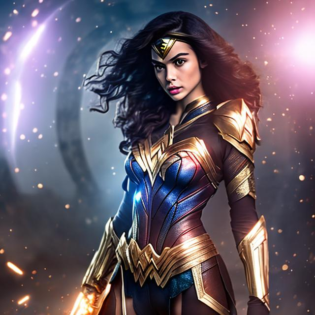 Prompt: girl , wonder women , light armor with big cleavage , explorer outfit , magic effet , golden eye , dual-gun