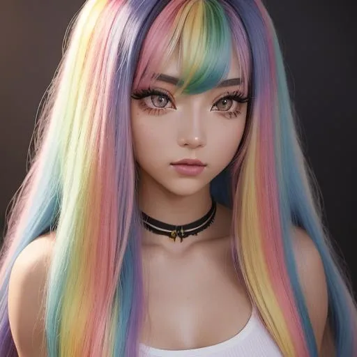 Prompt: Capture a precise, professional-grade in the highest possible quality photography of an long rainbow pastel haired young woman. she has a chest size D she wears light clothes
 
((She has long rainbow pastel hair .)). ((She has large eyes)). ((She's a little muscular with a tanned skin.)) ((She have large eyelashes, black rock make-up)). ((She's wearing a leather necklace, a white shirt and a red checkered jacket, a shorts grey jean.))((She have a rebellious look.))

The background is a dark nightclub, in which she dances

heavenly beauty, 128k, 50mm, f/1. 4, high detail, sharp focus, perfect anatomy, highly detailed, detailed and high quality background, oil painting, digital painting, Trending on artstation, UHD, 128K, quality, Big Eyes, artgerm, highest quality stylized character concept masterpiece, award winning digital 3d, hyper-realistic, intricate, 128K, UHD, HDR, image of a gorgeous, beautiful, dirty, highly detailed face, hyper-realistic facial features, cinematic 3D volumetric, illustration by Marc Simonetti, Carne Griffiths, Conrad Roset, 3D anime girl, Full HD render + immense detail + dramatic lighting + well lit + fine | ultra - detailed realism, full body art, lighting, high - quality, engraved, ((photorealistic)), ((hyperrealistic)),  ((perfect eyes)), ((perfect skin)), ((perfect hair))