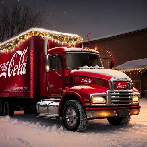 Prompt: coca-cola christmas truck ((american truck style))
night background snowy 
light string