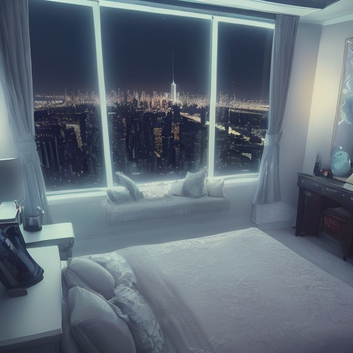 Prompt: a luxury bedroom , neon ,windows with a view of New York at night