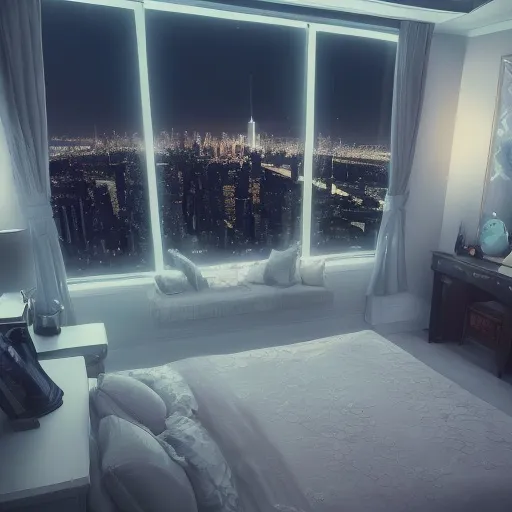 Prompt: a luxury bedroom , neon ,windows with a view of New York at night