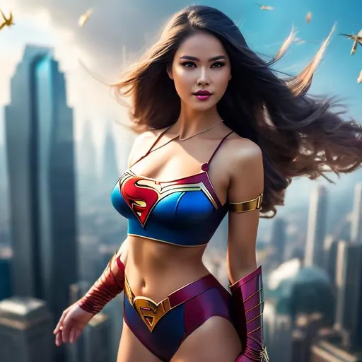 Prompt: Capture a precise, professional-grade in the highest possible quality photography woman superhero superherowear 
C cup

heavenly beauty, 128k, 50mm, f/1. 4, high detail, sharp focus, perfect anatomy, highly detailed, detailed and high quality background, oil painting, digital painting, Trending on artstation, UHD, 128K, quality, Big Eyes, artgerm, highest quality stylized character concept masterpiece, award winning digital 3d, hyper-realistic, intricate, 128K, UHD, HDR, image of a gorgeous, beautiful, dirty, highly detailed face, hyper-realistic facial features, cinematic 3D volumetric, illustration by Marc Simonetti, Carne Griffiths, Conrad Roset, 3D anime girl, Full HD render + immense detail + dramatic lighting + well lit + fine | ultra - detailed realism, full body art, lighting, high - quality, engraved, ((photorealistic)), ((hyperrealistic)),  ((perfect eyes)), ((perfect skin)), ((perfect hair))
