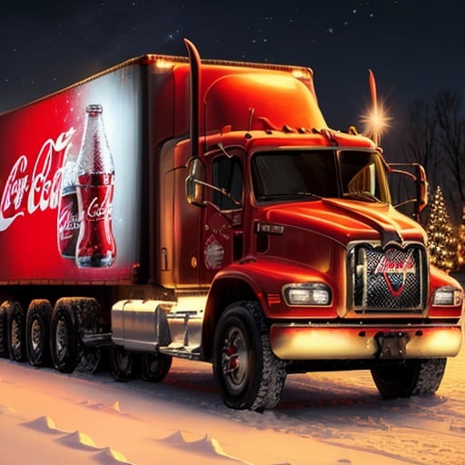 Prompt: coca-cola christmas truck ((american truck style))
night background snowy