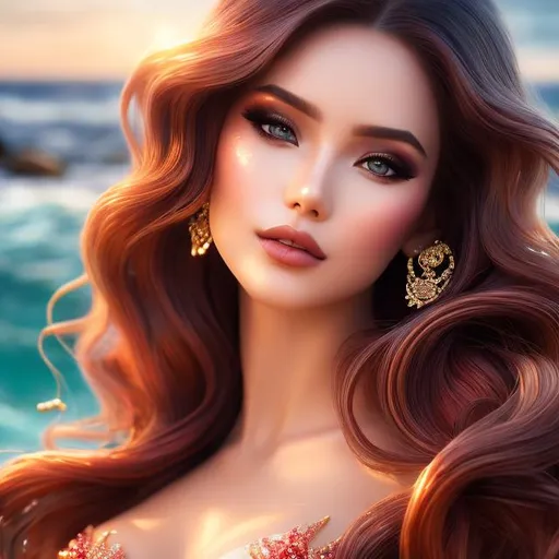 Prompt: 1 women mermaid , red  cherry long hair , make-up  , swimwear , sea , beach , water with waves , portrait

heavenly beauty, 128k, 50mm, f/1. 4, high detail, sharp focus, perfect anatomy, highly detailed, detailed and high quality background, oil painting, digital painting, Trending on artstation, UHD, 128K, quality, Big Eyes, artgerm, highest quality stylized character concept masterpiece, award winning digital 3d, hyper-realistic, intricate, 128K, UHD, HDR, image of a gorgeous, beautiful, dirty, highly detailed face, hyper-realistic facial features, cinematic 3D volumetric, illustration by Marc Simonetti, Carne Griffiths, Conrad Roset, 3D anime girl, Full HD render + immense detail + dramatic lighting + well lit + fine | ultra - detailed realism, full body art, lighting, high - quality, engraved, ((photorealistic)), ((hyperrealistic)),  ((perfect eyes)), ((perfect skin)), ((perfect hair))
