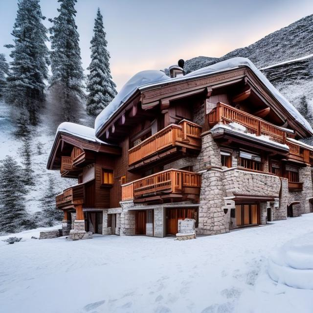 Prompt: Capture a precise, professional-grade in the highest possible quality photography chalet with a jacuzzi interior fluffy cozy window with view of a snowy mountain