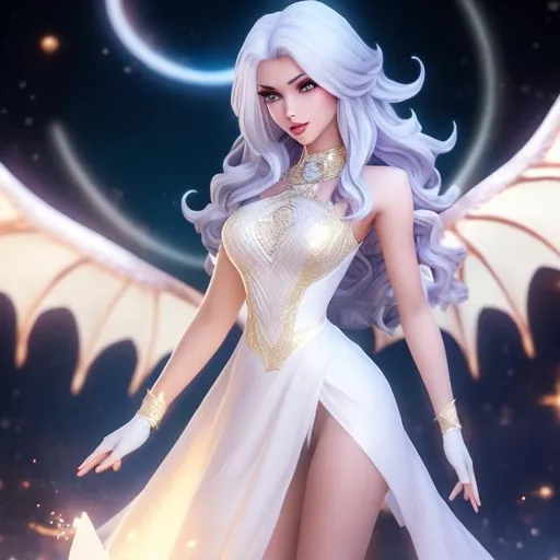Prompt: dragon women , full body , 20 years old , romantic emotion, pretty women, aetheric , aetheric aura , long white hair , yellow gold eyes , light dragonic makeup , light dragonic dress , stiletto nails with black base color gradient to white , white styleto shoe , night background with a moon , perfect composition, hyperrealistic, super detailed, 8k, high quality , illustration by Marc Simonetti, Carne Griffiths, Conrad Roset, Full HD render + immense detail + dramatic lighting + well lit + fine | ultra - detailed realism, full body art, lighting, high - quality, engraved, ((photorealistic)), ((hyperdetailed white eyes)) and beautiful hyperdetailed feminine attractive face and nose and big lips, perfect  red shy blush with smile, backlit, ((intricately hyperdetailed )) ,  hyperrealistic, sharp focus, glamour, volumetric studio lighting, triadic colors,  beauty, sensual feminine romance, professional, sensual feminine, perfect composition, unreal engine 8k octane