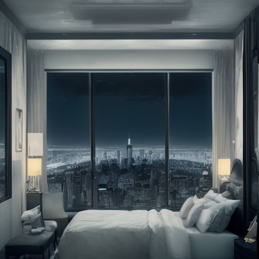 Prompt: a luxury bedroom , neon ,windows with a view of New York at night ((view of empire state bulding))