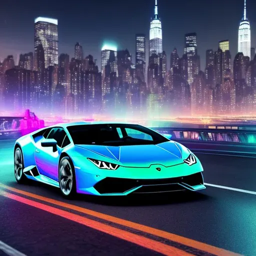 Prompt: 1 car , Lamborghini huracan , holographic , road of new york city background , ultra-realistic