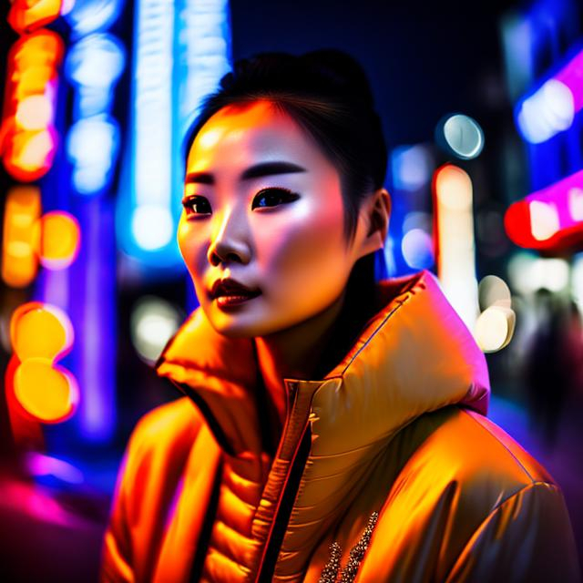 Prompt: Photo, portrait, very close up, 1 women , asiat, crouching in a narrow street, illuminated by neon lights at night, in front of a night club, looking directly at the camera, low-angle shot, heavenly beauty, 8k, 50mm, f/1. 4, high detail, sharp focus, perfect anatomy, highly detailed, detailed and high quality background, oil painting, digital painting, Trending on artstation, UHD, 128K, quality, Big Eyes, artgerm, highest quality stylized character concept masterpiece, award winning digital 3d, hyper-realistic, intricate, 128K, UHD, HDR, image of a gorgeous, beautiful, dirty, highly detailed face, hyper-realistic facial features, cinematic 3D volumetric, illustration by Marc Simonetti, Carne Griffiths, Conrad Roset, 3D anime girl, Full HD render + immense detail + dramatic lighting + well lit + fine | ultra - detailed realism, full body art, lighting, high - quality, engraved |