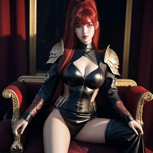 Prompt: teenage , hell, demon, 20 years old, light armor with big cleavage ,long ponytail red hair with black highlights, black conjunctiva with red iris, goth clothe , elbow on knees hands together, seatting on a the hell throne, parted bangs, ethereal, royal vibe, highly detailed, digital painting, Trending on artstation, Big Eyes, artgerm, highest quality stylized character concept masterpiece, award winning digital 3d oil painting art, hyper-realistic, intricate, 64k, UHD, HDR, image of a gorgeous, beautiful, dirty, highly detailed face, hyper-realistic facial features, perfect anatomy in perfect composition of professional, long shot, sharp focus photography, cinematic 3d volumetric