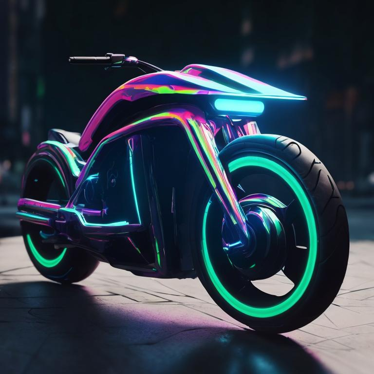 Prompt: 1 bike ultra-futurist design color  holographic background cyberpunk  town