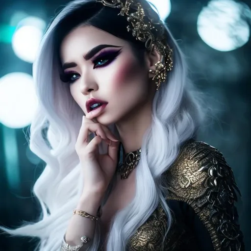 Prompt: dragon women , 28 years old , angry emotion,pretty women, aetheric , aetheric aura , long white hair , hair chain, thin eyes , gold iris , light dragonic makeup , light dragonic dress , hand chain , stiletto nails with black base color gradient to white , white styleto shoe , night background with a moon , perfect composition, hyperrealistic, super detailed, 8k, high quality , illustration by Marc Simonetti, Carne Griffiths, Conrad Roset, 3D anime girl, Full HD render + immense detail + dramatic lighting + well lit + fine | ultra - detailed realism, full body art, lighting, high - quality, engraved, ((photorealistic)), ((hyperrealistic))

vaporwave aesthetic digital painting with neon purple lighting of a girl with very short pink hair , serious, wet hair, slim, fit, hdr, uhd, 8k, highly detailed, professional, vivid colors, punk rockmajestic , exuberant, on a beach, realistic, detailed, high fantasy, concept art, lush, vibrant, freckles. Galaxy Space. little girls at a party.