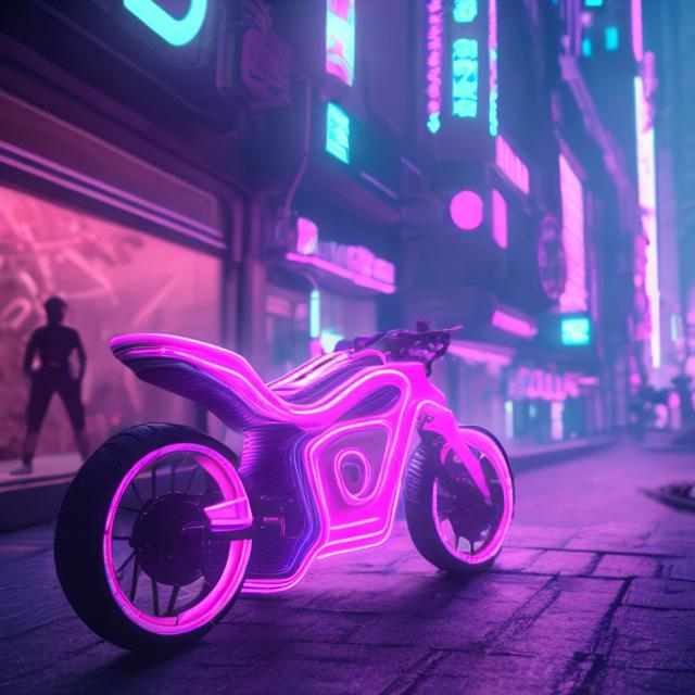 Prompt: 1 bike ultra-futurist design with neon light color pink holographic background cyberpunk town