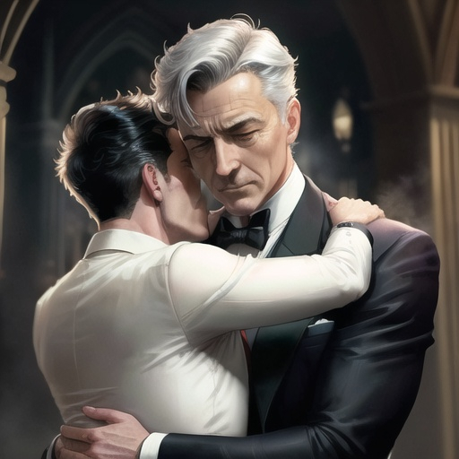 Prompt: a man old butler ((Alfred Pennyworth)) british (( londonian))  high ranking slim body hug  bruce wayne ((30 years old))))