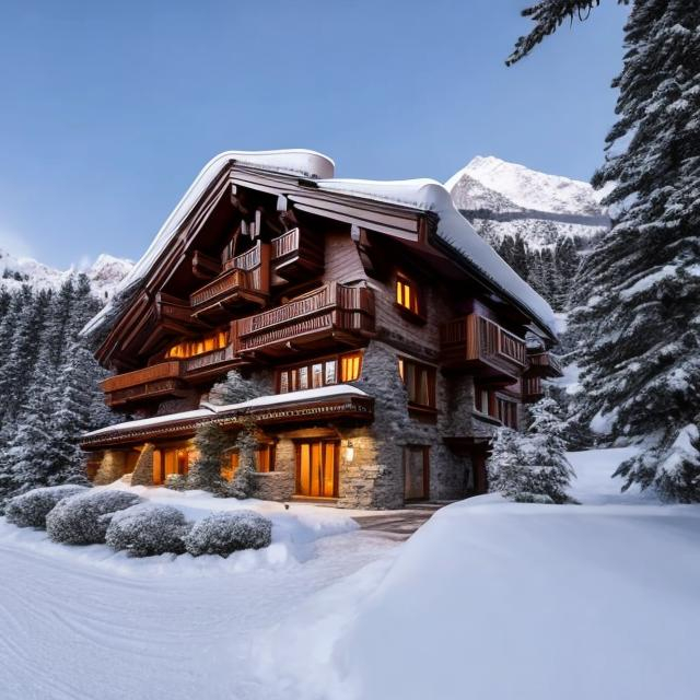 Prompt: Capture a precise, professional-grade in the highest possible quality photography chalet with a jacuzzi interior fluffy cozy window with view of a snowy mountain