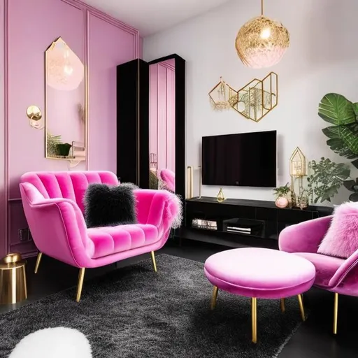 Prompt: 1 cozy armchair, pink, fluffy, in a living room with a black tiled floor, two windows with black hangings, walls with powder pink tapestry and gold designs, a natural wood wardrobe, a designer radiator, a designer chandelier with white feathers, a white carpet below a rectangular black designer living room coffee table, large flat screen TV on the walls with small designer storage unit below the TV on the floor, sound bars on either side small TV storage unit, bouquet of red roses in a black and white designer vase on the table

Illustration by Makoto shinkai.

heavenly beauty, 128k, 50mm, f/1. 4, high detail, sharp focus, perfect anatomy, highly detailed, detailed and high quality background, oil painting, digital painting, Trending on artstation, UHD, 128K, quality,  artgerm, highest quality stylized character concept masterpiece, award winning digital 3d, hyper-realistic, intricate, 128K, UHD, HDR, image of a gorgeous, beautiful, dirty, highly , hyper-realistic features, cinematic 3D volumetric,   Full HD render + immense detail + dramatic lighting + well lit + fine | ultra - detailed realism, lighting, high - quality, engraved, ((photorealistic)), ((hyperrealistic))
