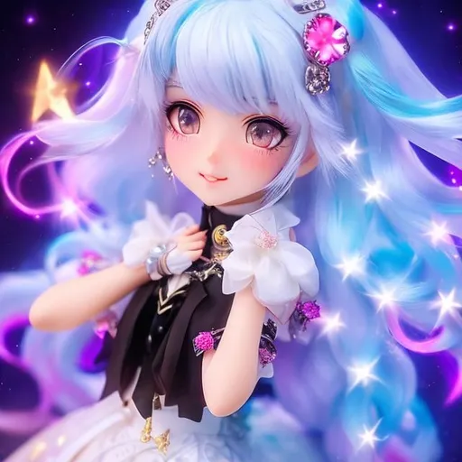 Prompt: Capture a precise, professional-grade in the highest possible quality photography of a magical girl with white hair She has white hair styled in two exquisite braid, ((black ombre white hair)), tied with kawaii hairpins. She have red eyes. She has a few freckles on her nose, and large, bright eyes. She is in an idol pose with magical girl costume. smiling to the camera heavenly beauty, 128k, 50mm, f/1. 4, high detail, sharp focus, perfect anatomy, highly detailed, detailed and high quality background, oil painting, digital painting, Trending on artstation, UHD, 128K, quality, Big Eyes, artgerm, highest quality stylized character concept masterpiece, award winning digital 3d, hyper-realistic, intricate, 128K, UHD, HDR, image of a gorgeous, beautiful, dirty, highly detailed face, hyper-realistic facial features, cinematic 3D volumetric, illustration by Marc Simonetti, Carne Griffiths, Conrad Roset, 3D anime girl, Full HD render + immense detail + dramatic lighting + well lit + fine | ultra - detailed realism, full body art, lighting, high - quality, engraved, ((photorealistic)), ((hyperrealistic)), ((perfect eyes)), ((perfect skin)), ((perfect hair)) highly detailed, detailed and high quality background, oil painting, digital painting, Trending on artstation , UHD, 128K, quality, Big Eyes, artgerm, highest quality stylized character concept masterpiece, award winning digital 3d, hyper-realistic, intricate, 128K, UHD, HDR, image of a gorgeous, beautiful, dirty, highly detailed face, hyper-realistic facial features, cinematic 3D volumetric