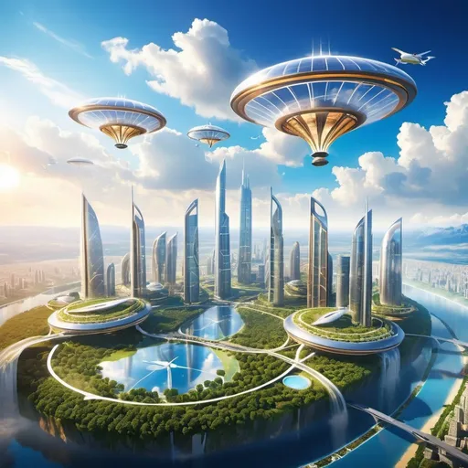 Prompt: Design a flying city in the sky, powered by advanced technologies and renewable energy.