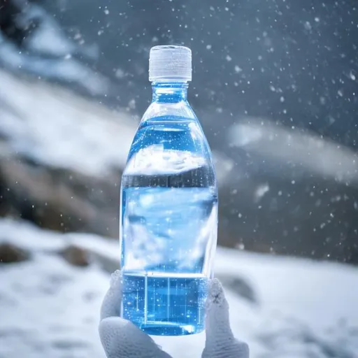 Prompt: Capture a precise, professional-grade in the highest possible quality photography bottle of water on the snow in the snowy mountain