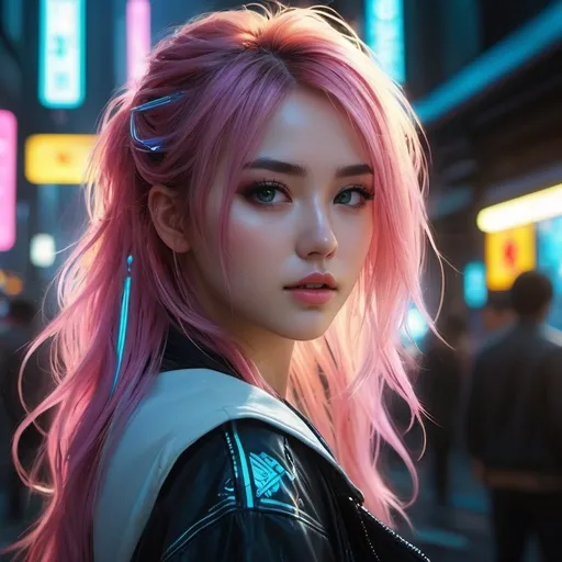 Prompt: Imagine a cyberpunk manga girl with neon pastel long hair, and a futuristic outfit. She stands in a dark alley in the city, lit by neon lights and advertising holograms. The atmosphere is full of mystery and adventure, reflecting a world where technology and humanity intersect in complex ways. The style should be dynamic and rich in detail, capturing the essence of the cyberpunk genre ,wore, face, UHD , 300K , 50mm, f/1.4, sharp focus, reflections, high-quality background , UHD, sharp focus, reflections, high-quality background illustration by Marc Simonetti Carne Griffiths, Conrad Roset, 3D anime girl, Full HD render + immense detail + dramatic lighting + well lit + fine | ultra - detailed realism, full body art, lighting, high - quality, engraved, ((photorealistic)), ((hyperrealistic)), ((perfect eyes)), ((perfect skin)), ((perfect hair)), ((perfect shadow)), ((perfect light)) 800k UHD 100mm. 4D. 300k, 50mm, f/1.4, sharp focus, reflections, high-quality background , UHD, sharp focus, reflections, high-quality background illustration by Marc Simonetti Carne Griffiths, Conrad Roset, 3D anime girl, Full HD render + immense detail + dramatic lighting + well lit + fine | ultra - detailed realism, full body art, lighting, high - quality, engraved, ((photorealistic)), ((hyperrealistic)), ((perfect eyes)), ((perfect skin)), ((perfect hair)), ((perfect shadow)), ((perfect light))