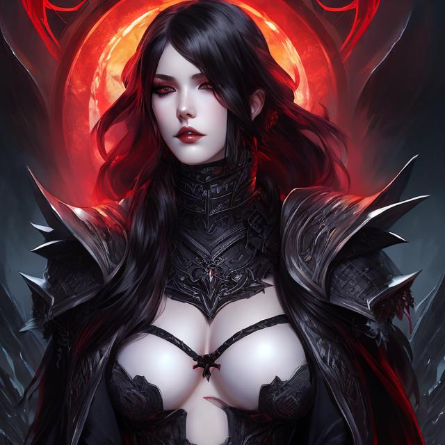 Prompt: girl , hell, demon, 20 years old, 
light armor with big cleavage ,long ponytail red hair with black highlights, black conjunctiva with red iris, goth clothe , elbow on knees hands together, seatting on a the hell throne, parted bangs, ethereal, royal vibe, highly detailed, digital painting, Trending on artstation, Big Eyes, artgerm, highest quality stylized character concept masterpiece, award winning digital 3d oil painting art, hyper-realistic, intricate, 64k, UHD, HDR, image of a gorgeous, beautiful, dirty, highly detailed face, hyper-realistic facial features, perfect anatomy in perfect composition of professional, long shot, sharp focus photography, cinematic 3d volumetric