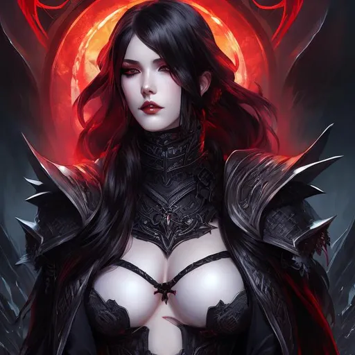 Prompt: girl , hell, demon, 20 years old, 
light armor with big cleavage ,long ponytail red hair with black highlights, black conjunctiva with red iris, goth clothe , elbow on knees hands together, seatting on a the hell throne, parted bangs, ethereal, royal vibe, highly detailed, digital painting, Trending on artstation, Big Eyes, artgerm, highest quality stylized character concept masterpiece, award winning digital 3d oil painting art, hyper-realistic, intricate, 64k, UHD, HDR, image of a gorgeous, beautiful, dirty, highly detailed face, hyper-realistic facial features, perfect anatomy in perfect composition of professional, long shot, sharp focus photography, cinematic 3d volumetric