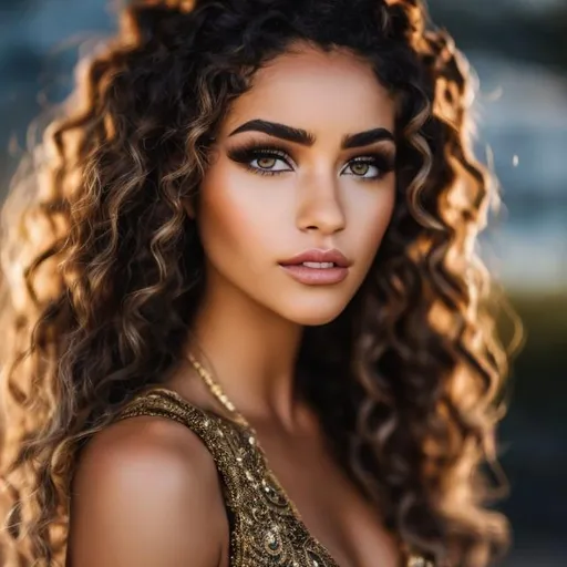 Prompt: Capture a precise, professional-grade in the highest possible quality photography of an curly brown haired young woman.

((She has long curly brown hair with a red highlights.)). ((She has large, gold eyes)). She's a little muscular with a tanned skin. ((She have large eyelashes, rock make-up)). She's wearing a rock outfit, with a fishnet top.

The background is a dark nightclub, in which she dances

heavenly beauty, 128k, 50mm, f/1. 4, high detail, sharp focus, perfect anatomy, highly detailed, detailed and high quality background, oil painting, digital painting, Trending on artstation, UHD, 128K, quality, Big Eyes, artgerm, highest quality stylized character concept masterpiece, award winning digital 3d, hyper-realistic, intricate, 128K, UHD, HDR, image of a gorgeous, beautiful, dirty, highly detailed face, hyper-realistic facial features, cinematic 3D volumetric, illustration by Marc Simonetti, Carne Griffiths, Conrad Roset, 3D anime girl, Full HD render + immense detail + dramatic lighting + well lit + fine | ultra - detailed realism, full body art, lighting, high - quality, engraved, ((photorealistic)), ((hyperrealistic)),  ((perfect eyes)), ((perfect skin)), ((perfect hair))
