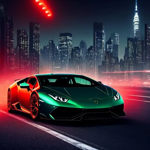 Prompt: 1 car , Lamborghini huracan , black with red neon light , road of new york city background , ultra-realistic