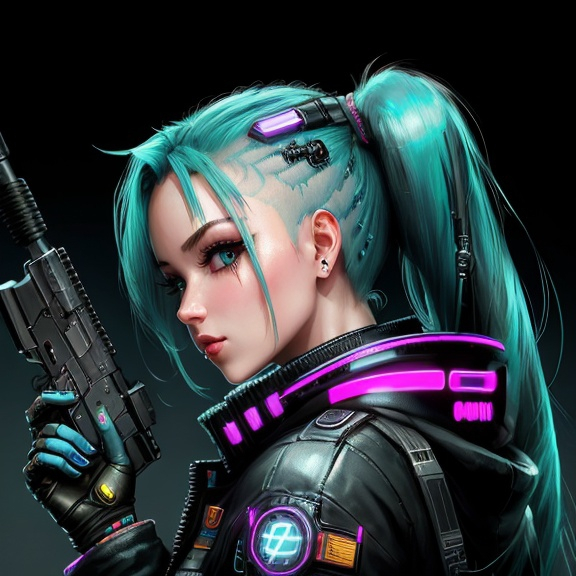 Prompt: rebecca ( cyberpunk edgerunners )) creepy gun joke double ponytail