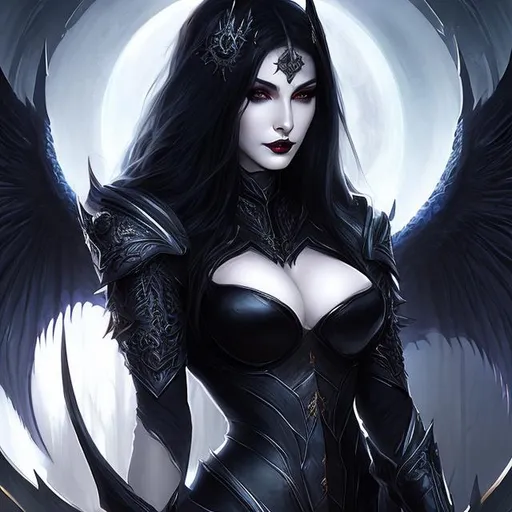 Prompt: women , hell, vampire ,  20 years old, light armor with big cleavage ,long  black hair with white highlights, gradient golden iris , goth clothe , cape , moon, elbow on knees hands together, seatting on a the hell throne, parted bangs, ethereal, royal vibe, highly detailed, digital painting, Trending on artstation, Big Eyes, artgerm, highest quality stylized character concept masterpiece, award winning digital 3d oil painting art, hyper-realistic, intricate, 64k, UHD, HDR, image of a gorgeous, beautiful, dirty, highly detailed face, hyper-realistic facial features, perfect anatomy in perfect composition of professional, long shot, sharp focus photography, cinematic 3d volumetric