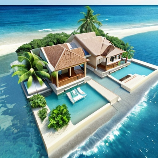 Prompt: house designer , sea , paradisiac beach , water with waves