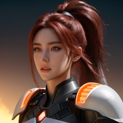 Prompt: white and black light armor with big cleavage , big ponytail hair , red gradient hair , orange gradient eye , android, highly detailed, digital painting, Trending on artstation, Big Eyes, artgerm, highest quality stylized character concept masterpiece, award winning digital 3d oil painting art, hyper-realistic, intricate, 64k, UHD, HDR, image of a gorgeous, beautiful, dirty, highly detailed face, hyper-realistic facial features, perfect anatomy in perfect composition of professional, long shot, sharp focus photography, cinematic 3d volumetric