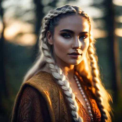 Prompt: a norse shamanic woman with long blonde braided hair light norse leather clothing with little fur shamanic painting face Fashion photography, Pulitzer Prize-winning photography, Bokeh, Volumetric Lighting, Golden Hour, Soft natural lighting, and Film gain.portrait heavenly beauty, 128k, 50mm, f/1. 4, high detail, sharp focus, perfect anatomy, highly detailed, detailed and high quality background, oil painting, digital painting, Trending on artstation, UHD, 128K, quality, Big Eyes, artgerm, highest quality stylized character concept masterpiece, award winning digital 3d, hyper-realistic, intricate, 128K, UHD, HDR, image of a gorgeous, beautiful, dirty, highly detailed face, hyper-realistic facial features, cinematic 3D volumetric, illustration by Marc Simonetti, Carne Griffiths, Conrad Roset, 3D anime girl, Full HD render + immense detail + dramatic lighting + well lit + fine | ultra - detailed realism, full body art, lighting, high - quality, engraved, ((photorealistic)), ((hyperrealistic)), ((perfect eyes)), ((perfect skin)), ((perfect hair))