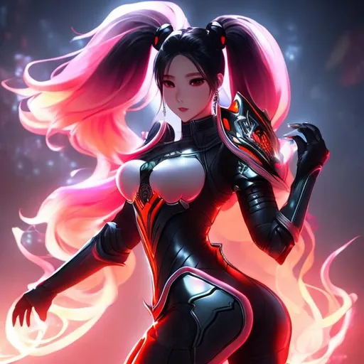 Prompt: white and black light armor with big cleavage , big ponytail hair , red gradient hair , orange gradient eye ,  android 