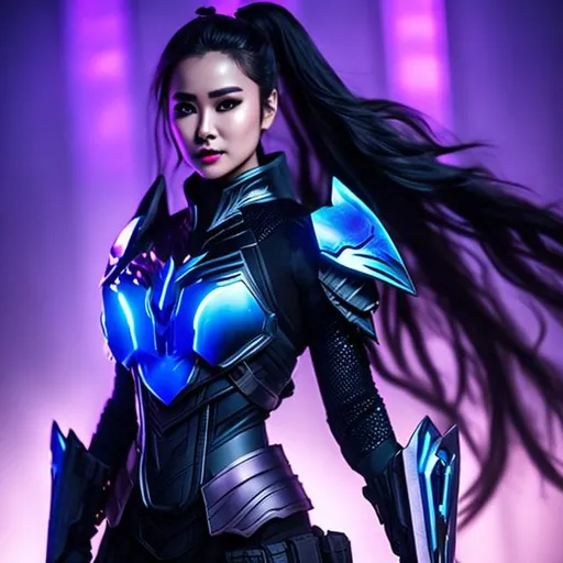 Prompt:  black light armor with big cleavage , big ponytail hair , black gradient hair , bleue gradient eye ,  android , black batman armor