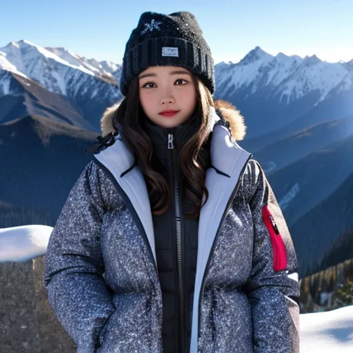 Prompt:  girl down jacket with snowy mountain patterns
