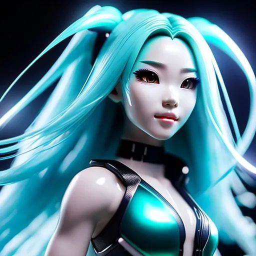 Prompt: Generate a highly detailed image of a futuristic female miku hatsune cyborg with a tincture for her nose, with long flowing black hair. With mechanical eyes.

The image should be of the highest professional photographic quality, boasting the best possible resolution and attention to detail. The focus should be on capturing the finest features of the woman's face, ensuring her eyes are of impeccable quality, her skin texture is flawlessly realistic, and her hair is rendered with intricate precision. The lighting should be natural, casting subtle shadows that enhance the depth and realism of the scene.

The background should be a dark ambient cyberpunk alley thoughtfully designed to complement the woman's style and the distinctive aesthetic of Sam Yang's artwork. It could feature a vibrant urban environment with graffiti-covered walls, capturing the spirit of street art.

Please ensure that the image is centered, with the woman positioned prominently on the cyberpunk alley. The composition should not only showcase her unique style and confident expression but also emphasize the intricate details of her clothing and hair. Each element should blend seamlessly to create a visually captivating and emotionally resonant piece of art.
((photorealistic)), ((hyperrealistic))