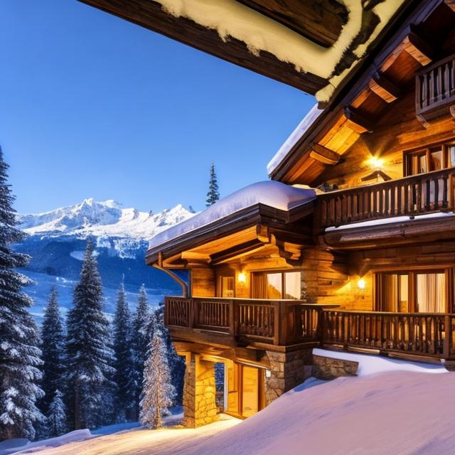 Prompt: Capture a precise, professional-grade in the highest possible quality photography chalet with a jacuzzi interior cozy window with view of a snowy mountain