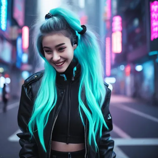 Prompt: Capture a precise, professional-grade high quality picture of a young woman. Around her, the cyberpunk city Night City. She have a joyful smile on her face. She has long pale blue-green hair tied in two ponytails. A dark gray oversized cyberpunk headband, an open dark gray cyberpunk jacket, gray futuristic underwear, gray high-top sneakers. She has a pale milky complexion, a few pale pink tattoos. Set by night, the scene is alive with vivid neons and stark shadows, creating a quintessential cyberpunk ambience. Despite the nocturnal setting, the image should be luminous and defined. The city's radiance, mirroring the grit and glamour of this universe. The young woman should be with a dynamic pose classic of the character, drawing viewers into her world. This high-quality photograph should not only capture her, but the thriving metropolis behind her, encapsulating the intrigue and allure of the cyberpunk world. heavenly beauty, 8k, 50mm, f/1. 4, high detail, sharp focus, perfect anatomy, highly detailed, detailed and high quality background, oil painting, digital painting, Trending on artstation, UHD, 128K, quality, Big Eyes, artgerm, highest quality stylized character concept masterpiece, award winning digital 3d, hyper-realistic, intricate, 128K, UHD, HDR, image of a gorgeous, beautiful, dirty, highly detailed face, hyper-realistic facial features, cinematic 3D volumetric, illustration by Marc Simonetti, Carne Griffiths, Conrad Roset, 3D anime girl, Full HD render + immense detail + dramatic lighting + well lit + fine | ultra - detailed realism, full body art, lighting, high - quality, engraved, ((photorealistic)), ((hyperrealistic))