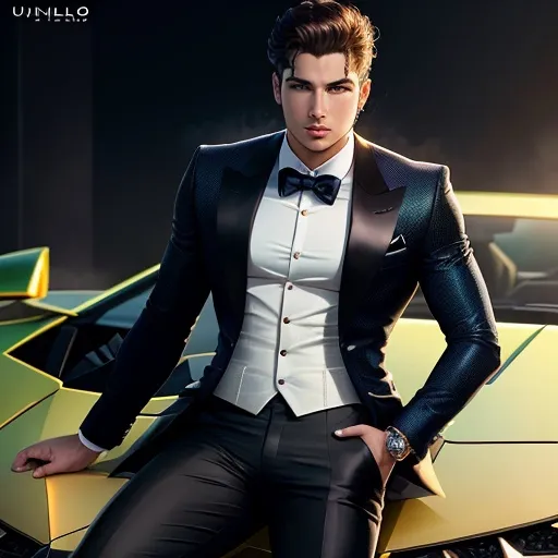 Prompt: a young billionaire man a very powerful and very stylish Lamborghini 254k UHD