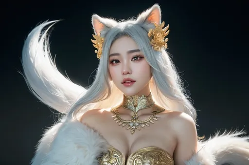Prompt: kitsune female, delicate physique, soft white fur, partial silver mask, gold eyes, intricate and ornate garments, cyberpunk Heavenly beauty, 128k, 50mm, f/1. 4, high detail, sharp focus, perfect anatomy, highly detailed, detailed and high quality background, oil painting, digital painting, Trending on artstation, UHD, 128K, quality, Big Eyes, artgerm, highest quality stylized character concept masterpiece, award winning digital 3d, hyper-realistic, intricate, 128K, UHD, HDR, image of a gorgeous, beautiful, dirty, highly detailed face, hyper-realistic facial features, cinematic 3D volumetric, 
