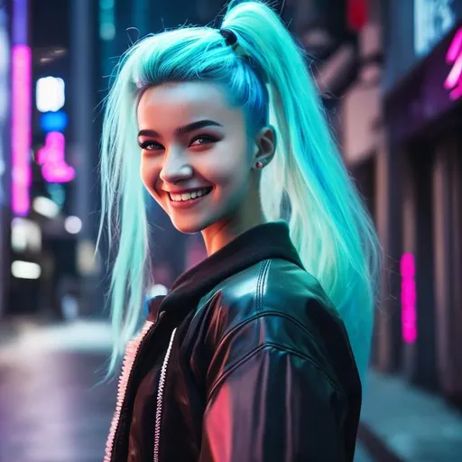 Prompt: Capture a precise, professional-grade high quality picture of a young woman. Around her, the cyberpunk city Night City. She have a joyful smile on her face. She has long pale blue-green hair tied in two ponytails. A dark gray oversized cyberpunk headband, an open dark gray cyberpunk jacket, gray futuristic underwear, gray high-top sneakers. She has a pale milky complexion, a few pale pink tattoos. Set by night, the scene is alive with vivid neons and stark shadows, creating a quintessential cyberpunk ambience. Despite the nocturnal setting, the image should be luminous and defined. The city's radiance, mirroring the grit and glamour of this universe. The young woman should be with a dynamic pose classic of the character, drawing viewers into her world. This high-quality photograph should not only capture her, but the thriving metropolis behind her, encapsulating the intrigue and allure of the cyberpunk world. heavenly beauty, 8k, 50mm, f/1. 4, high detail, sharp focus, perfect anatomy, highly detailed, detailed and high quality background, oil painting, digital painting, Trending on artstation, UHD, 128K, quality, Big Eyes, artgerm, highest quality stylized character concept masterpiece, award winning digital 3d, hyper-realistic, intricate, 128K, UHD, HDR, image of a gorgeous, beautiful, dirty, highly detailed face, hyper-realistic facial features, cinematic 3D volumetric, illustration by Marc Simonetti, Carne Griffiths, Conrad Roset, 3D anime girl, Full HD render + immense detail + dramatic lighting + well lit + fine | ultra - detailed realism, full body art, lighting, high - quality, engraved, ((photorealistic)), ((hyperrealistic))