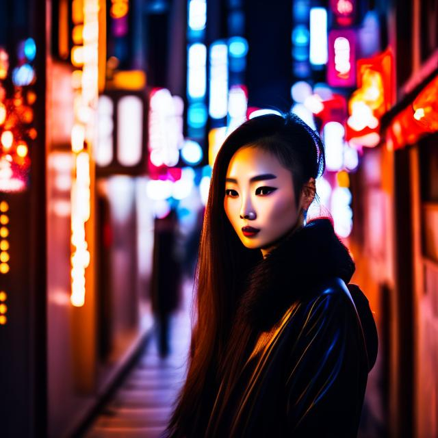 Prompt: Photo, portrait, very close up, 1 women , japan , crouching in a narrow street, illuminated by neon lights at night, in front of a night club, looking directly at the camera, low-angle shot, heavenly beauty, 8k, 50mm, f/1. 4, high detail, sharp focus, perfect anatomy, highly detailed, detailed and high quality background, oil painting, digital painting, Trending on artstation, UHD, 128K, quality, Big Eyes, artgerm, highest quality stylized character concept masterpiece, award winning digital 3d, hyper-realistic, intricate, 128K, UHD, HDR, image of a gorgeous, beautiful, dirty, highly detailed face, hyper-realistic facial features, cinematic 3D volumetric, illustration by Marc Simonetti, Carne Griffiths, Conrad Roset, 3D anime girl, Full HD render + immense detail + dramatic lighting + well lit + fine | ultra - detailed realism, full body art, lighting, high - quality, engraved |