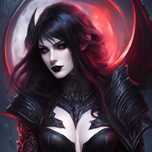 Prompt: women , hell, vampire ,  20 years old, light armor with big cleavage ,long  red hair with black highlights,  red eye , goth clothe , cape , moon, elbow on knees hands together, seatting on a the hell throne, parted bangs, ethereal, royal vibe, highly detailed, digital painting, Trending on artstation, Big Eyes, artgerm, highest quality stylized character concept masterpiece, award winning digital 3d oil painting art, hyper-realistic, intricate, 64k, UHD, HDR, image of a gorgeous, beautiful, dirty, highly detailed face, hyper-realistic facial features, perfect anatomy in perfect composition of professional, long shot, sharp focus photography, cinematic 3d volumetric